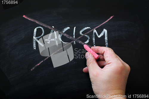 Image of Cross out racism on a smudged blackboard background