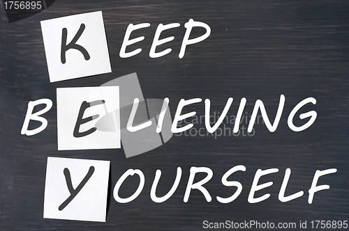 Image of Acronym of KEY for Keep Believing Yourself written in chalk on a blackboard