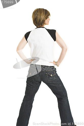 Image of woman with white t-shirt turning her back