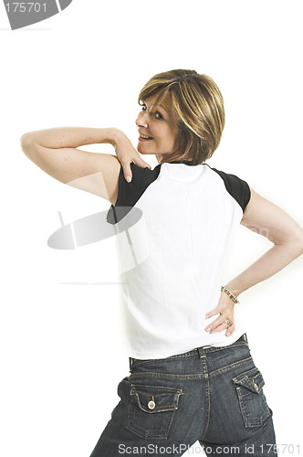 Image of woman with white t-shirt turning her back