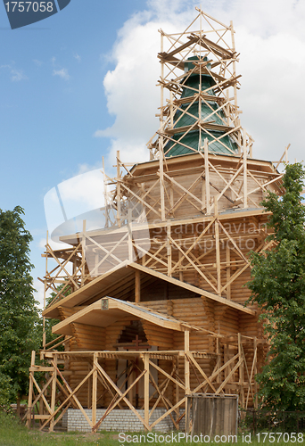 Image of Construction of rural wooden church. Russia