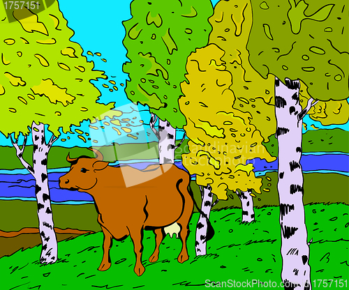 Image of autumn sunny landscape with forest river and cow - vector illust