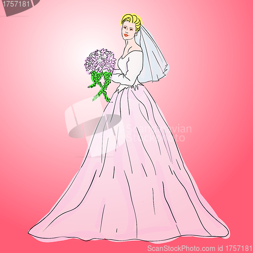 Image of Bride in wedding dress white with bouquet