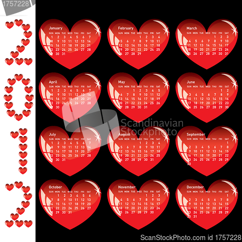 Image of Stylish calendar with red hearts for 2012. 