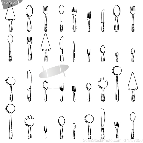 Image of Spoons, forks and knives on a white background. Vector illustrat