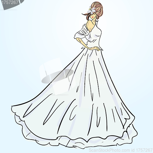 Image of Bride in wedding dress white with bouquet