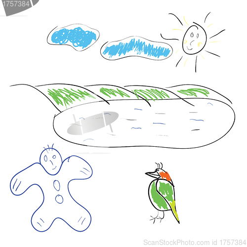 Image of Children's drawing the sun a bird and the boy