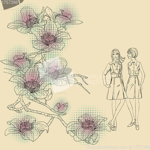 Image of fashion girls  on a floral background