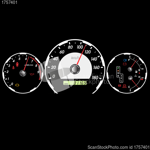 Image of Car speedometer and dashboard at night. Vector illustration
