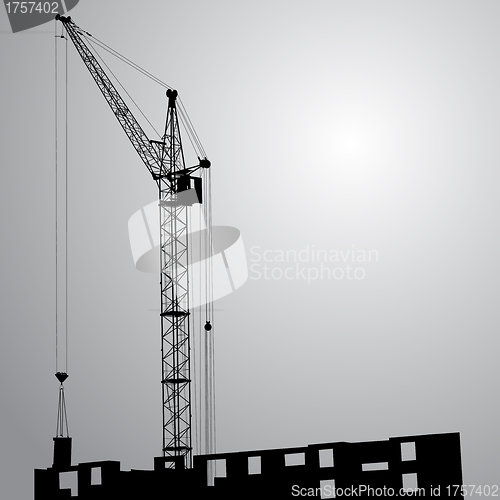 Image of Silhouette of one cranes working on the building 