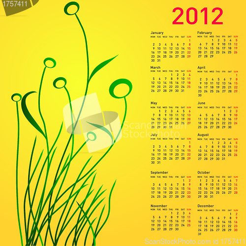 Image of Stylish calendar with flowers for 2012. Week starts on Monday.