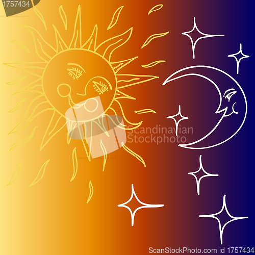 Image of Vector illustration of Moon and Sun with faces 