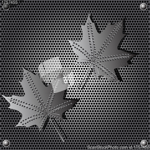 Image of metal shield maple leaf  background with rivets