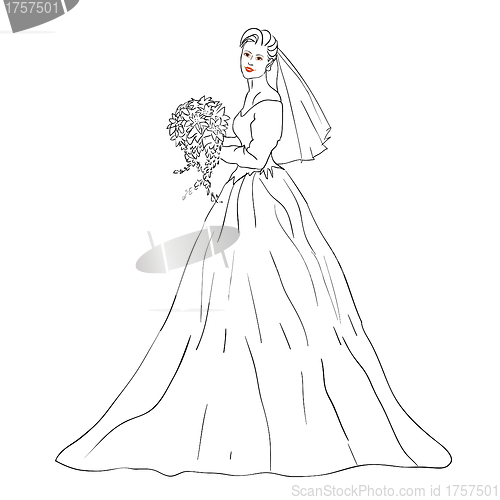 Image of Bride in wedding dress white with bouquet