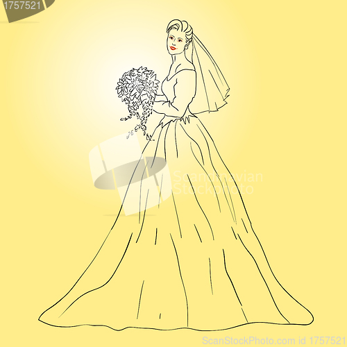 Image of Bride in wedding dress white with bouquet