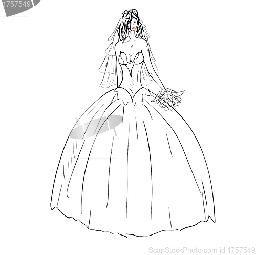 Image of Bride in wedding dress white with bouquet