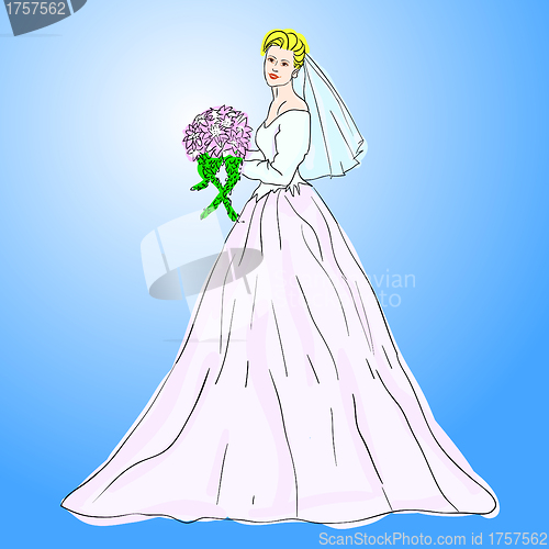 Image of Bride in wedding dress white with bouquet