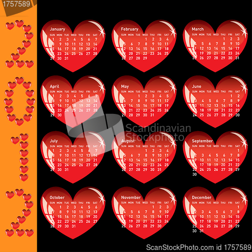 Image of Stylish calendar with red hearts for 2012. Sundays first