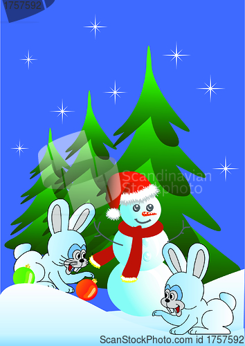 Image of Hare and snowman (vector version)