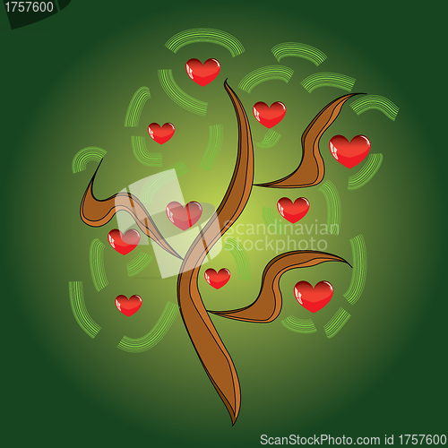 Image of Vector apple tree with red fruits in the form of heart 