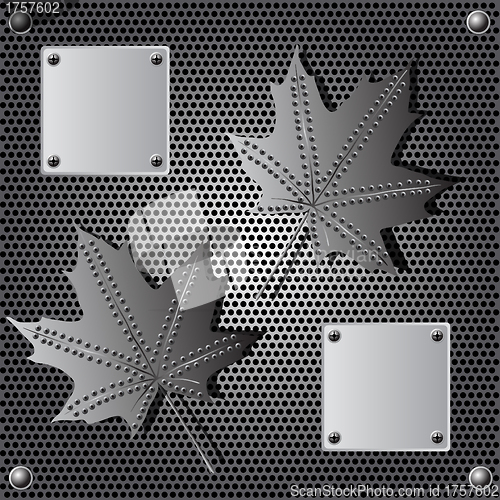 Image of metal shield maple leaf  background with rivets