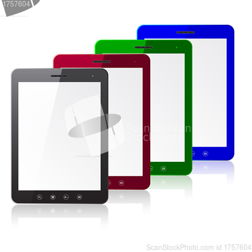 Image of Four color tablet PC computer with blank screen  