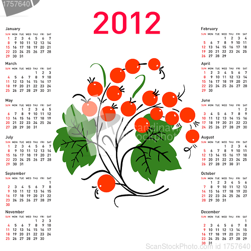 Image of Stylish calendar with flowers for 2012. Week starts on Sunday.