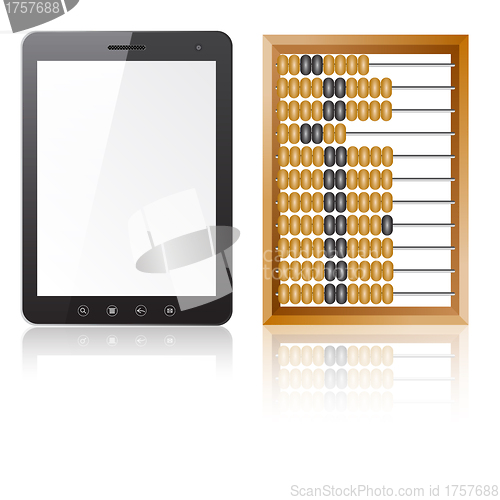 Image of Tablet PC computer with blank screen with abacus 