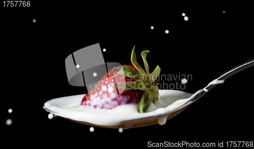 Image of red, ripe strawberry falling in spoon with milk