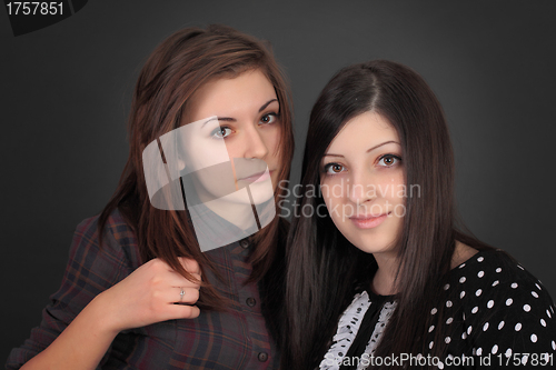 Image of Portrait of two beautiful sexy girlfriends standing together