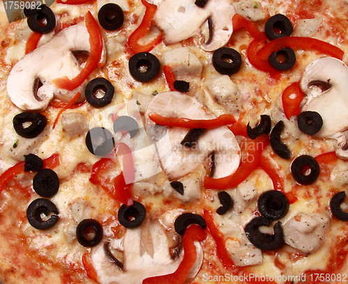 Image of Pepperoni pizza with mushrooms, shrimps and olives background