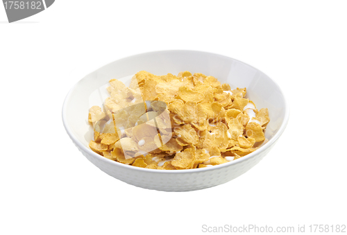 Image of Cornflakes in porcelain bowl isolated on white background