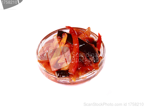 Image of French fries potatoes with tomato ketchup in small glass
