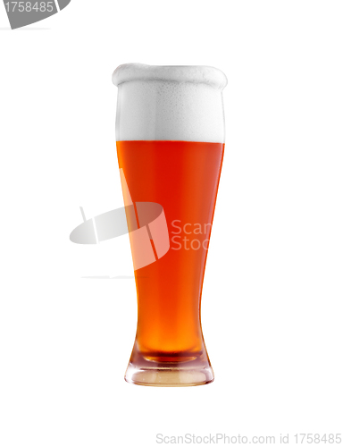 Image of glass with dark beer on white background