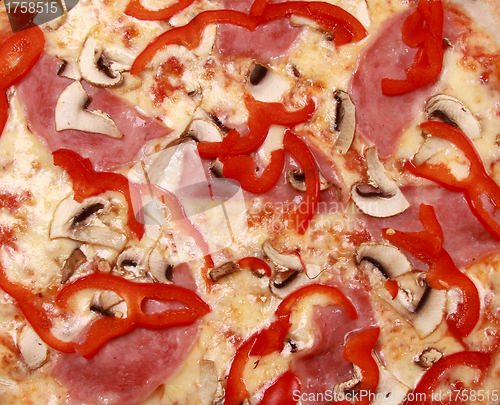 Image of pizza with tomato and meat background