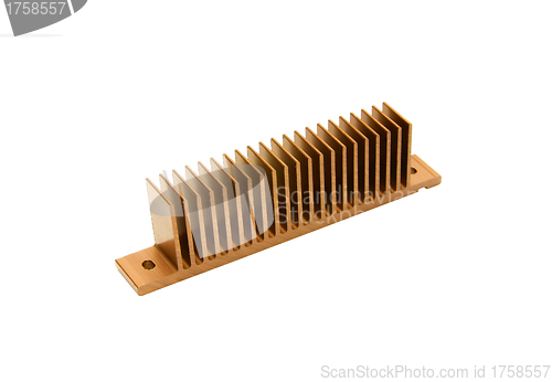 Image of Closeup of an golden cpu cooler isolated on white