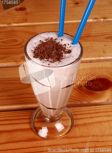 Image of Milk cocktail and straw in goblet with chocolate