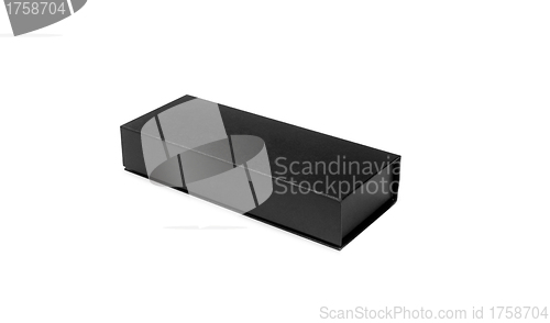 Image of Black box rectangle shaped with lid on, over white background.