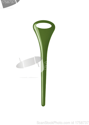 Image of close up of green bottle opener on white
