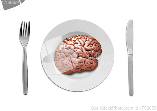 Image of a human brain on plate with fork and knife