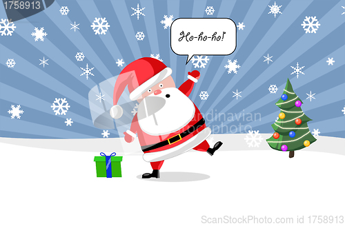 Image of Santa ouside with a present and Christmas tree