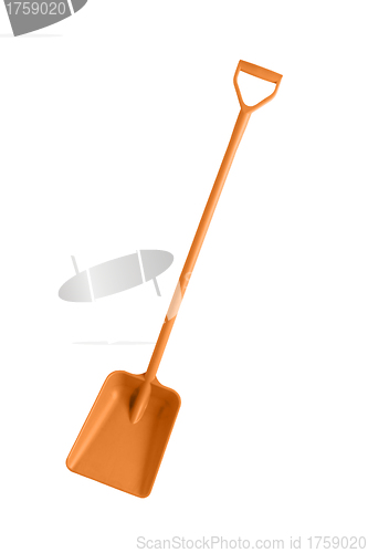 Image of yellow plastic toy shovel, isolated on a white background.