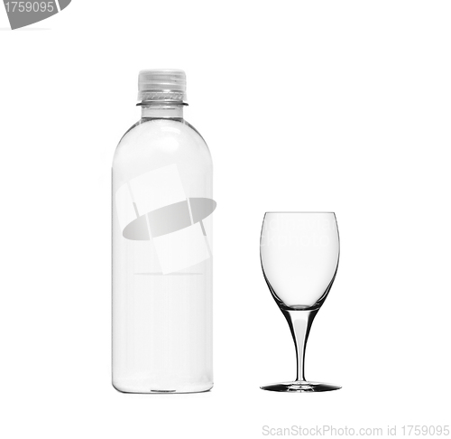 Image of plastic bottle and empty glass