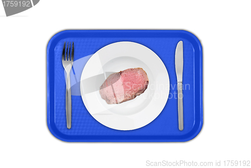 Image of Cut sirloin beef on a plate with fork and knife