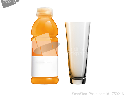 Image of Orange juice in plastic bottle and glass