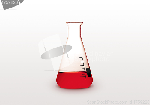 Image of Triangle retort with red liquid on white background