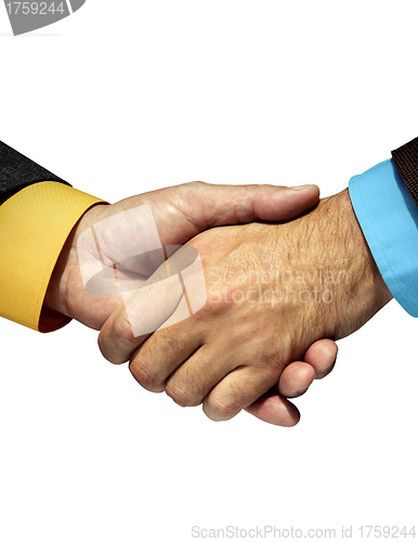 Image of Labcoat arm shaking hands with Business suited arm