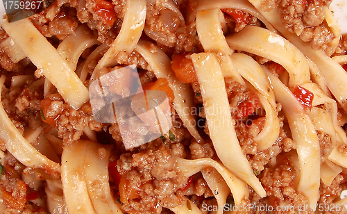 Image of spaghetti pasta with tomato beef sauce