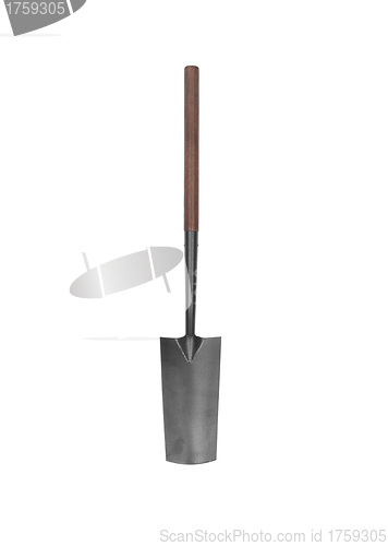 Image of Wood handle, rusty square-point digging shovel