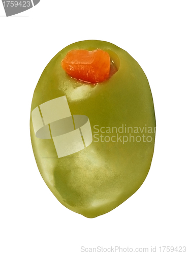 Image of one green olive on white